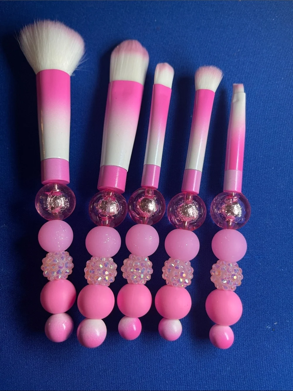 Hand Crafted Pink and White Beaded Makeup Brush Set